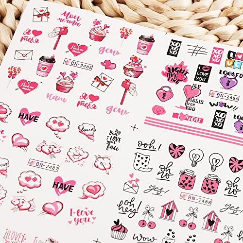 12 Sheets Valentine's Day Nail Art Stickers Nail Decal Valentine's Day Water Transfer Nail Stickers For Women Pink Heart, Red Heart, Letter, Love, Sexy Red Lips, Cartoon Bear Exquisite Design Nail Decoration Design Diy Acrylic Nail Art #TOP3