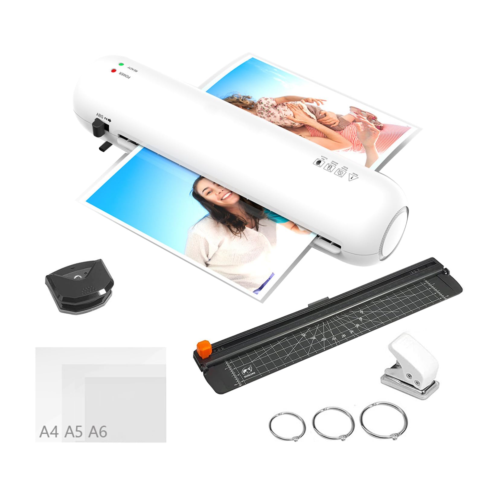 Laminiergerät A4, 6 in 1 Laminiergerät mit 15 Stück A4/A5/A6 Laminierfolien, Laminiermaschine mit Papierschneider & Eckrunde Set, Heiß und Kalt Laminator Für Heimgebrauch Büro Zuhause Schule Fotos