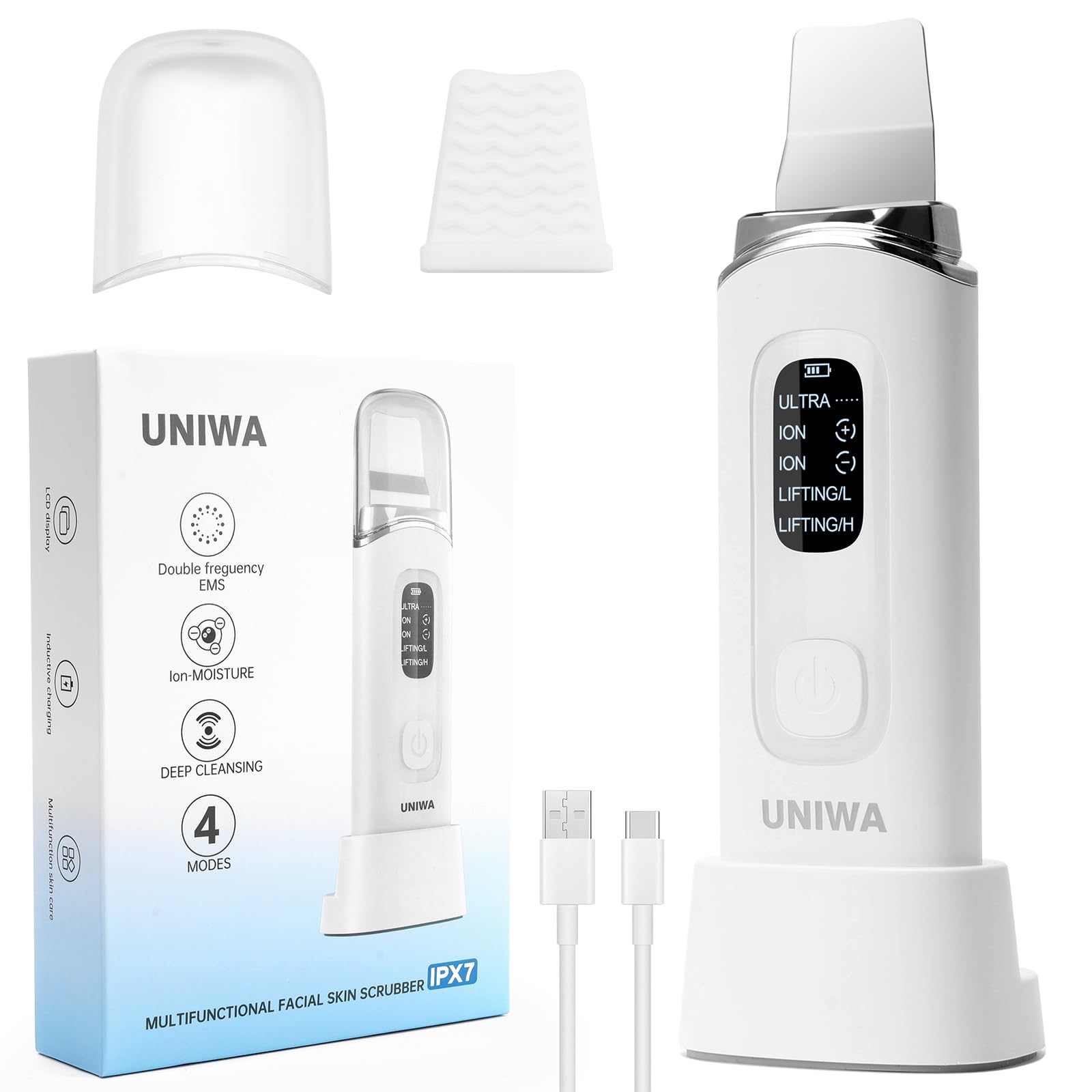 UNIWA Skin Scrubber Face Spatula, Skin Scrubber Pore Cleaner Blackhead Remover Tool for Deep Facial Cleansing - 4 Modes, Face Spatula with USB Charger, LCD Display, IPX7 Waterproof - White