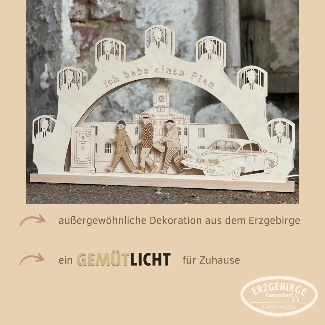 weigla - Schwibbogen original Erzgebirge I Lichterbogen Weihnachten I Motiv Olsenbande I 7 Lampenkerzen + 1 Ersatzlampe I 7 x 34 V, 3 W, E10 I beleuchtete Weihnachtsdeko innen I Ganzjahresdeko
