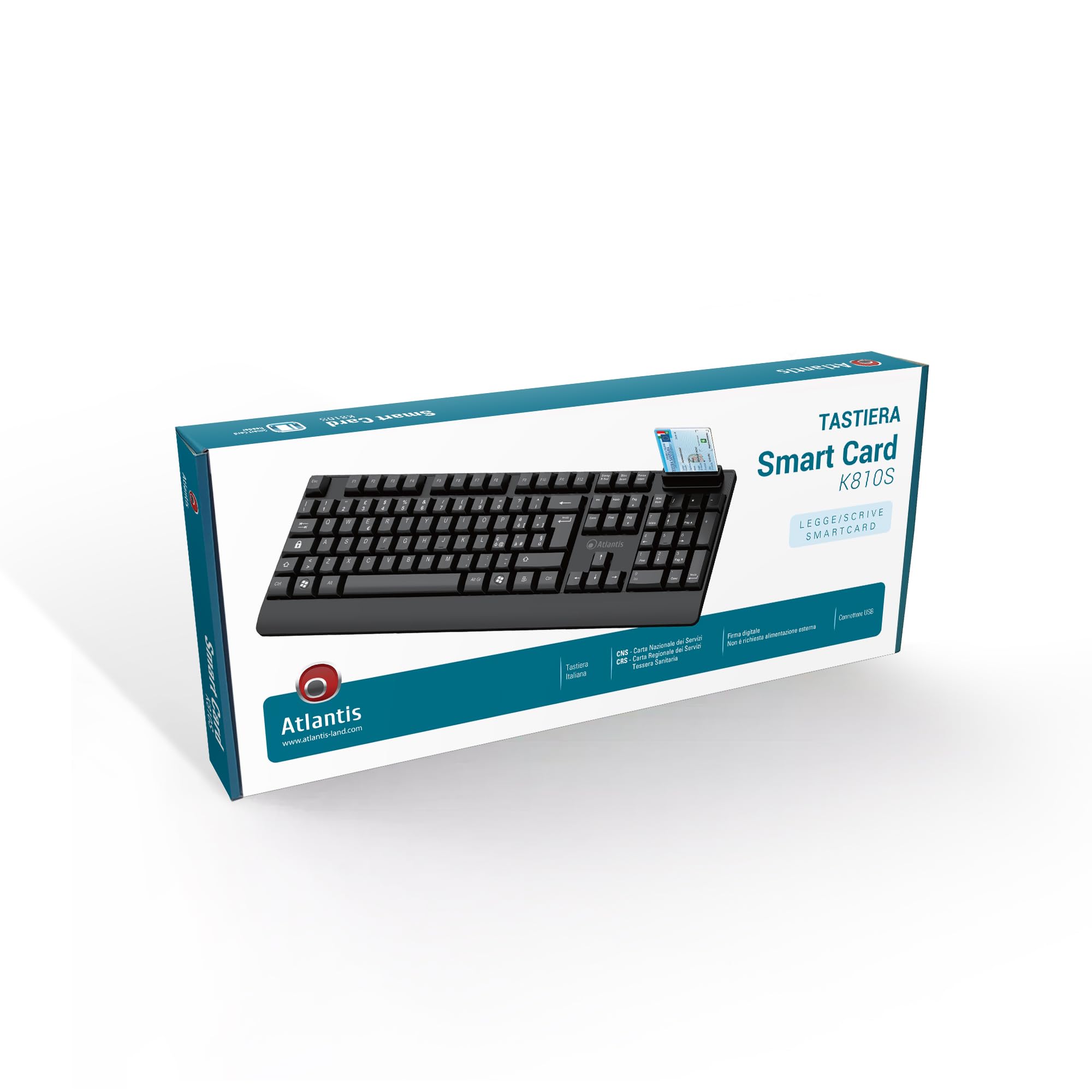 Atlantis Teclado con lector de tarjetas inteligentes integrado, QWERTY italiano, lectura CNS, CRS, tarjeta de salud, firma digital, puerto USB, cable de 1,5 m - negro