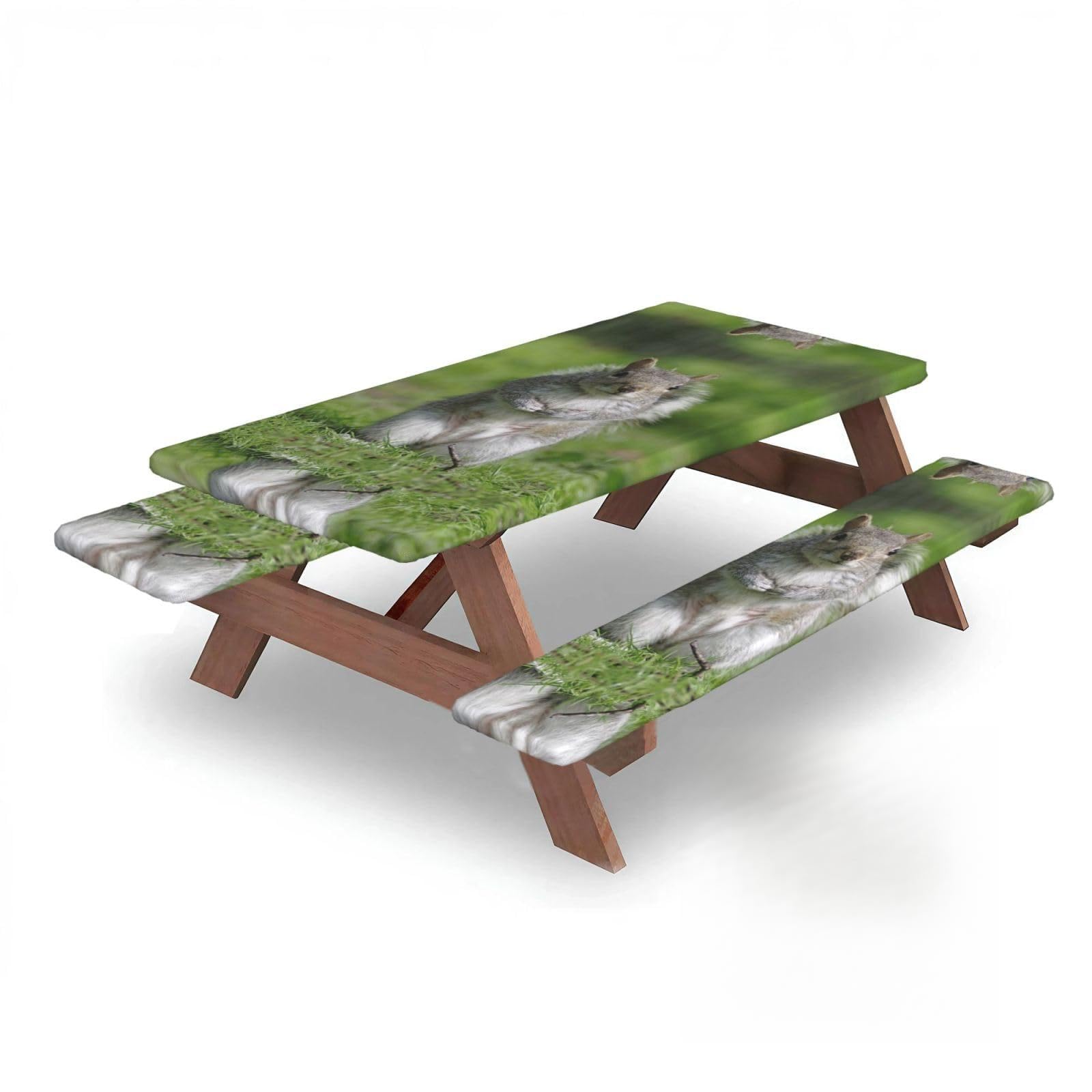 ESNAIUVCD Squirrel Print Picnic Table Cover With Bench Covers,Camping Essentials,Fitted Tablecloth Cover With Elastic Edge, For Indoor & Outdoor 3 Pcs