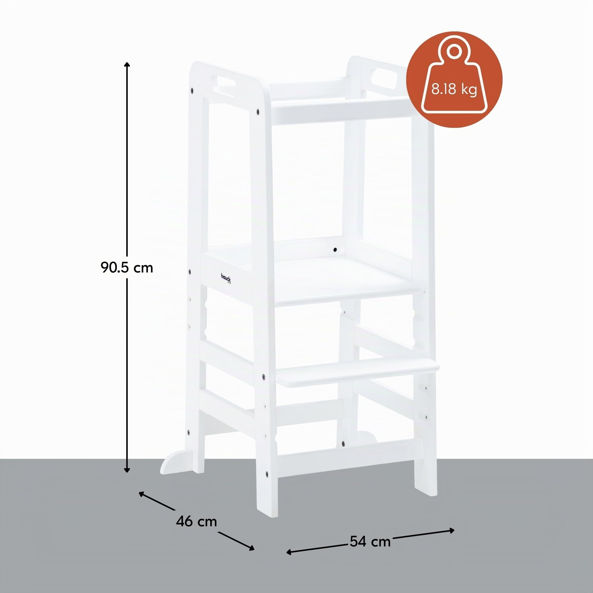 hauck Holz Lernturm Kinder mitwachsend 1-6 Jahre, Learn N Explore White | 3-fach höhenverstellbares Stehbrett von 45 bis 33 cm, Montessori Lernturm aus Buche mit Rausfallschutz, bis 40 kg belastbar