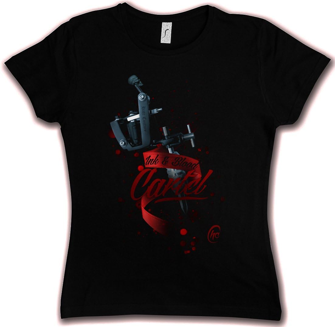 Hate Couture Ink & Blood Cartel HC Woman Girlie T-Shirt - Tattoo Gun Machine Artist Skull Shirt Sizes XS - 2XL