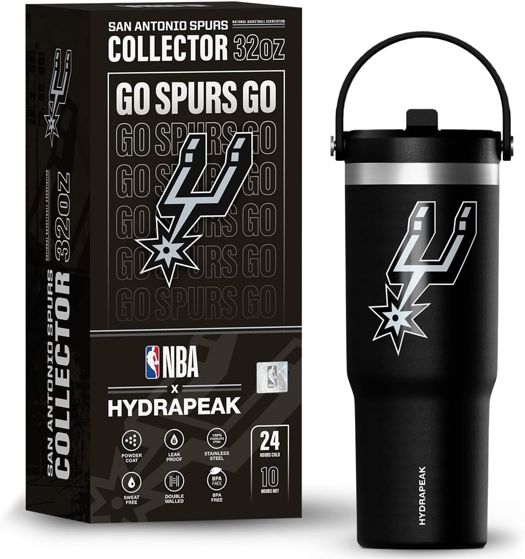 Hydrapeak x NBA Officially Licensed San Antonio Spurs 32oz Nomad Stainless Steel Tumbler with Handle and Straw Lid, Leakproof Water Bottle in Limited Edition Collector's Gift Box