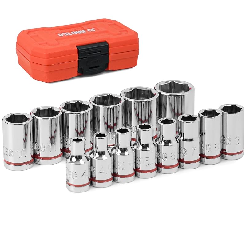 Jogo de Soquetes Métricos Rasos JU JIAN TEC com Encaixe de 6,35 mm (1/4 pol.), 14 Peças, 4 mm a 15 mm