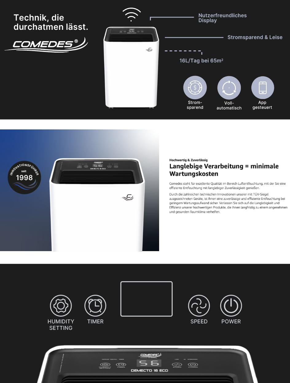 Comedes Demecto 16 eco WiFi osuszacz PowerDrain pompa kondensatu - nadaje się do salonów i piwnic o powierzchni do 65 m², sterowanie aplikacją, ciche, przyłącze węża, w zestawie wąż 3 m