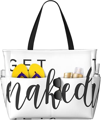 Get Naked Bathroom Fun - Black Get Naked Large Beach Tote Bag For Women With Zipper & Wet Pocket, Lightweight Foldable Gym Tote For Travel, Grocery, Swim, Sports