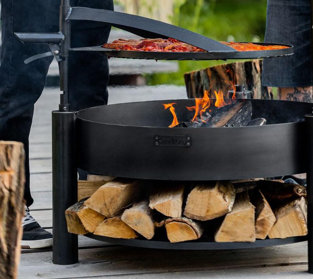 CookKing Feuerschale Montana X 60 mit Holzlager und Zubehör aus Rohstahl Ø 60 cm handgeschweißt wetterfest inklusive Grillrost und Befestigungsmast für Garten Terrasse Outdoor