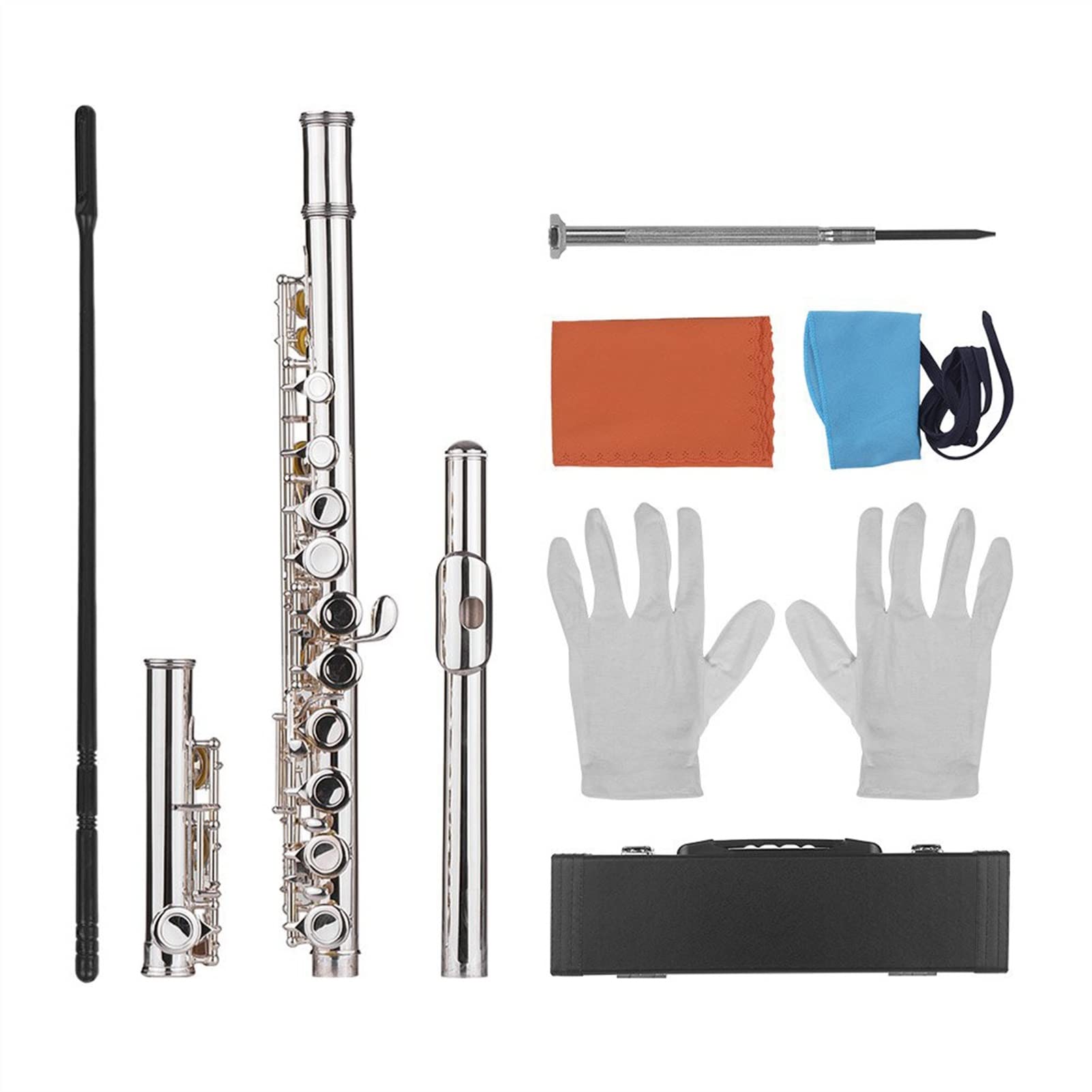 ZUZU Concierto Flauta C Llave Flauta Cuproníquel Plateado 16 Agujeros Cerrados con Estuche Destornillador Instrumentos De Viento Kit Flauta