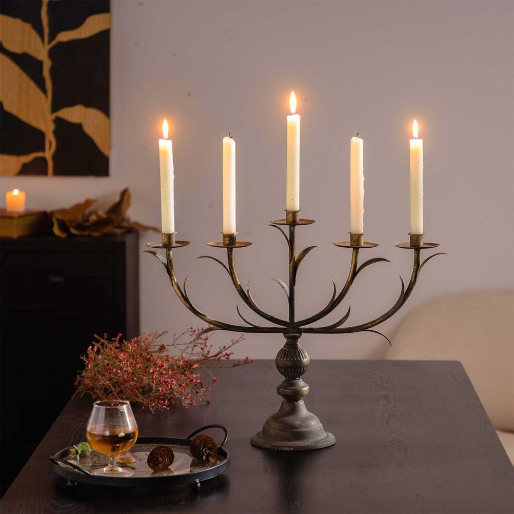 Candelabro In Ferro Bronzo Antico Vintage 5 Bracci Ramo Foglia Bionico Portacandela Conico Per Tavola Da Pranzo Matrimonio Arredamento Centrotavola Casa Rustica