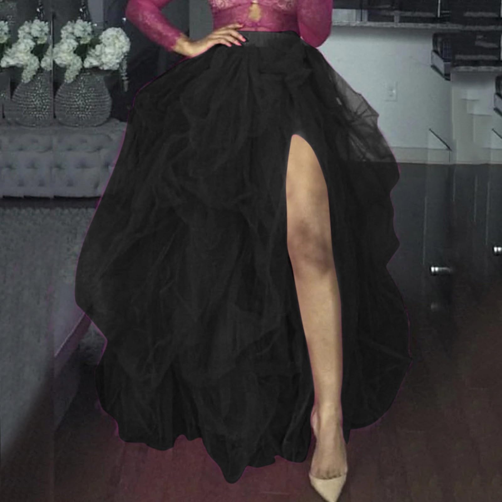 SRZYMJ Damen Rock Tüll Unregelmäßig Unterrock Lagenrock Ballett Tutu Abschlussball Party Faltenkleid A-Linie Midirock High Waisted Rock Winterrock Damen sexy Minirock Damen für Sex