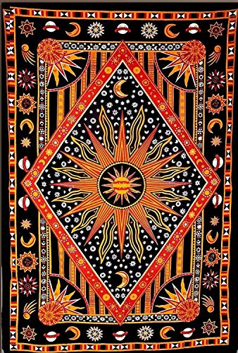 The Art Box Burning Sun Tie Dye Tapestry, Celestial Sun Moon Star Planet Bohemian Poster Tablecloth Bedspread Wall Hanging Boho Hippie Beach Coverlet Curtain (Orange 54"X82") #TOP5