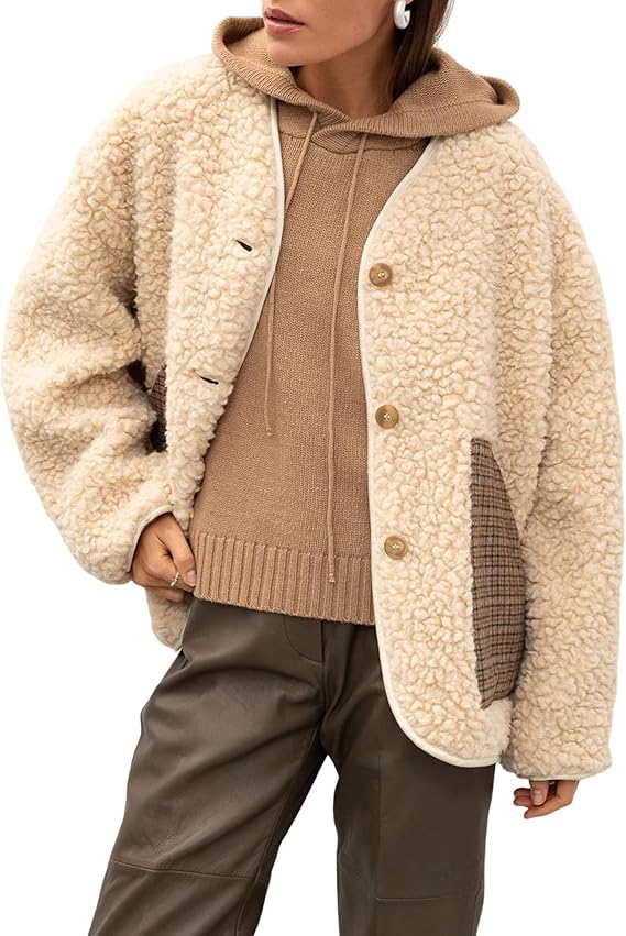 Lumister Womens Fleece Jacket Button Down Sherpa Jackets Fuzzy Teddy Coats Outerwear with Plaid Pockets