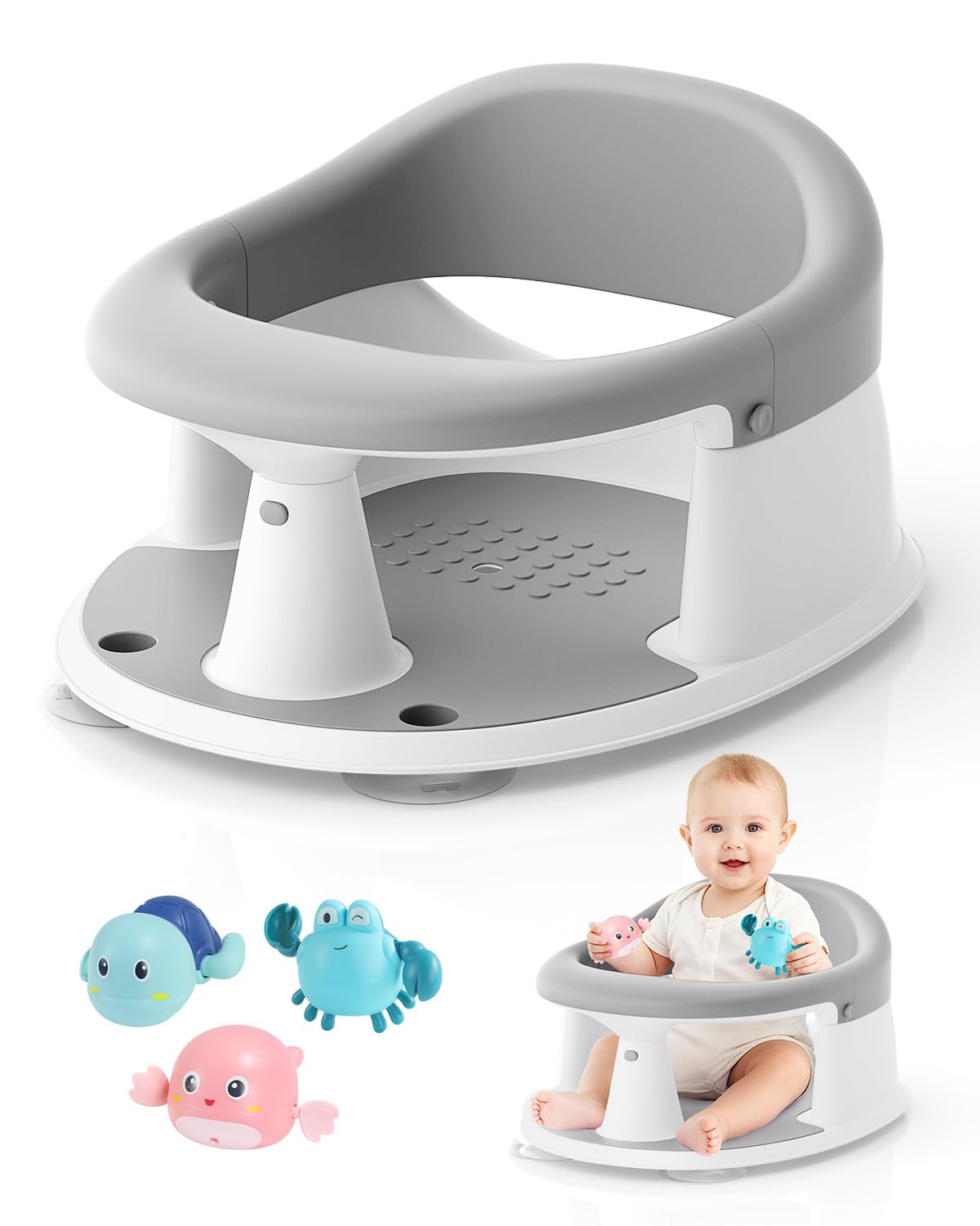 Baby Bath Seat for Babies 6 Months & Up, Bath Seats for Babies Sitting Up, 3 Baby Bath Toys, Open Design, Non-Slip, Compact Toddler Bath Seat.