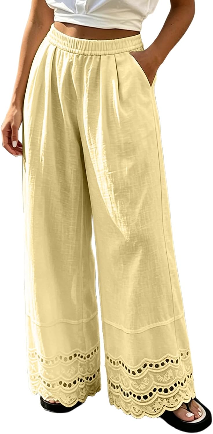 Women Linen Wide Leg Pants High Waisted Lace Hem Loose Fit Pants Lightweight Trendy Beach Vacation Palazzo Trousers