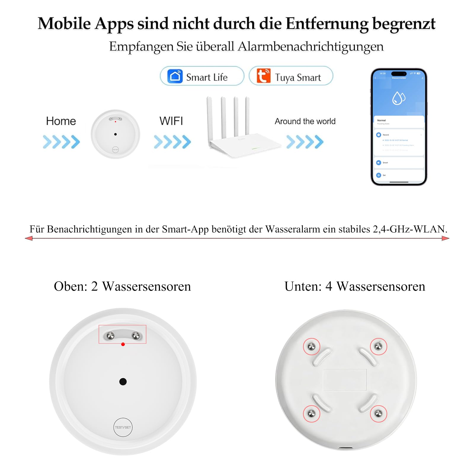 3Pack Wassermelder WLAN mit Batterie, IP66 Wassersensor, 80dB Wasseralarm Kompatibel mit Tuya/Smart Life App, Wasserwächter für Küchen, Bäder, Keller