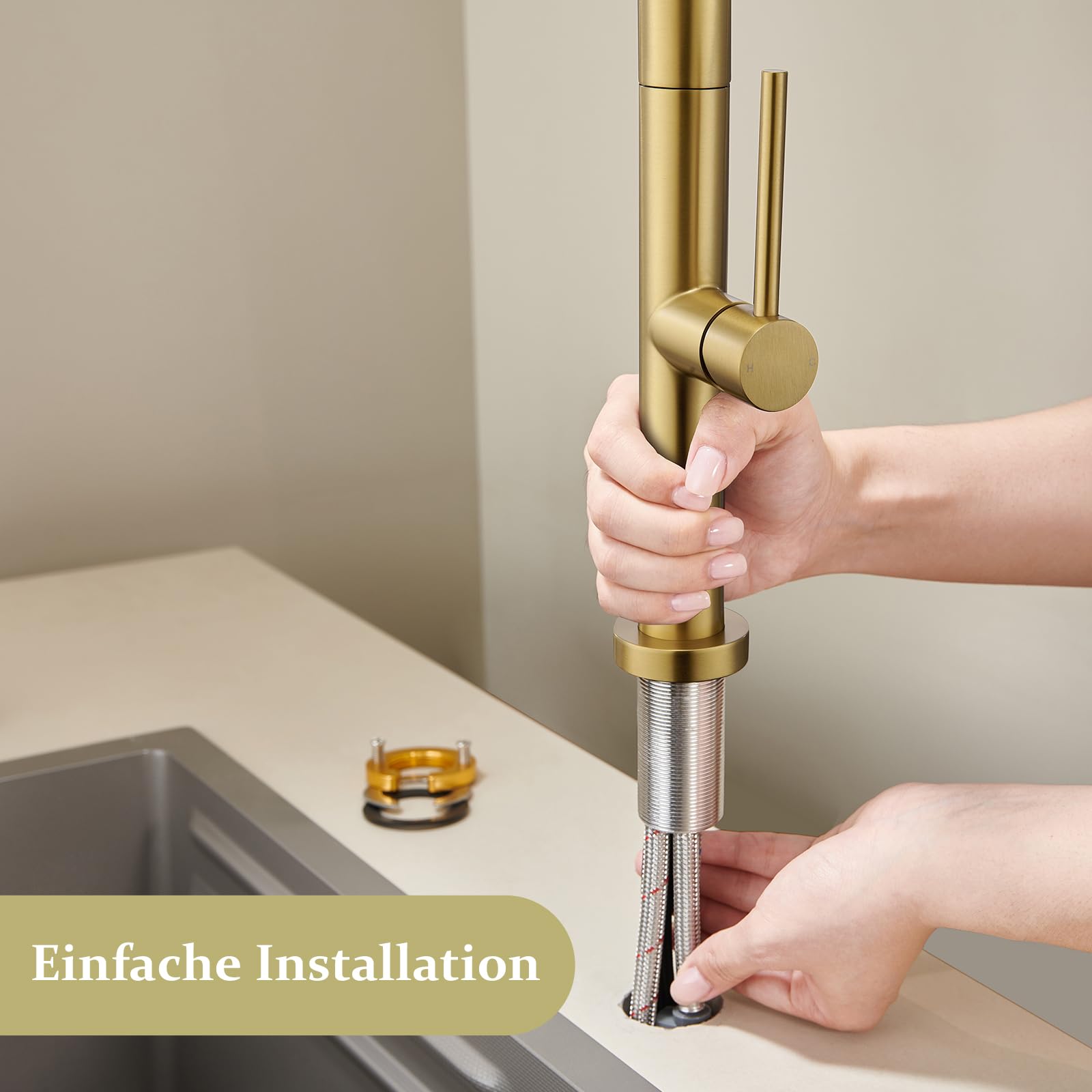 Wasserhahn Küche Gold, Küchenarmatur Ausziehbar Mischbatterie | Hochdruck Armatur Küche aus Edelstahl, 360°Schwenkbar Zwei Sprühfunktionen, Küchenarmatur mit Brause
