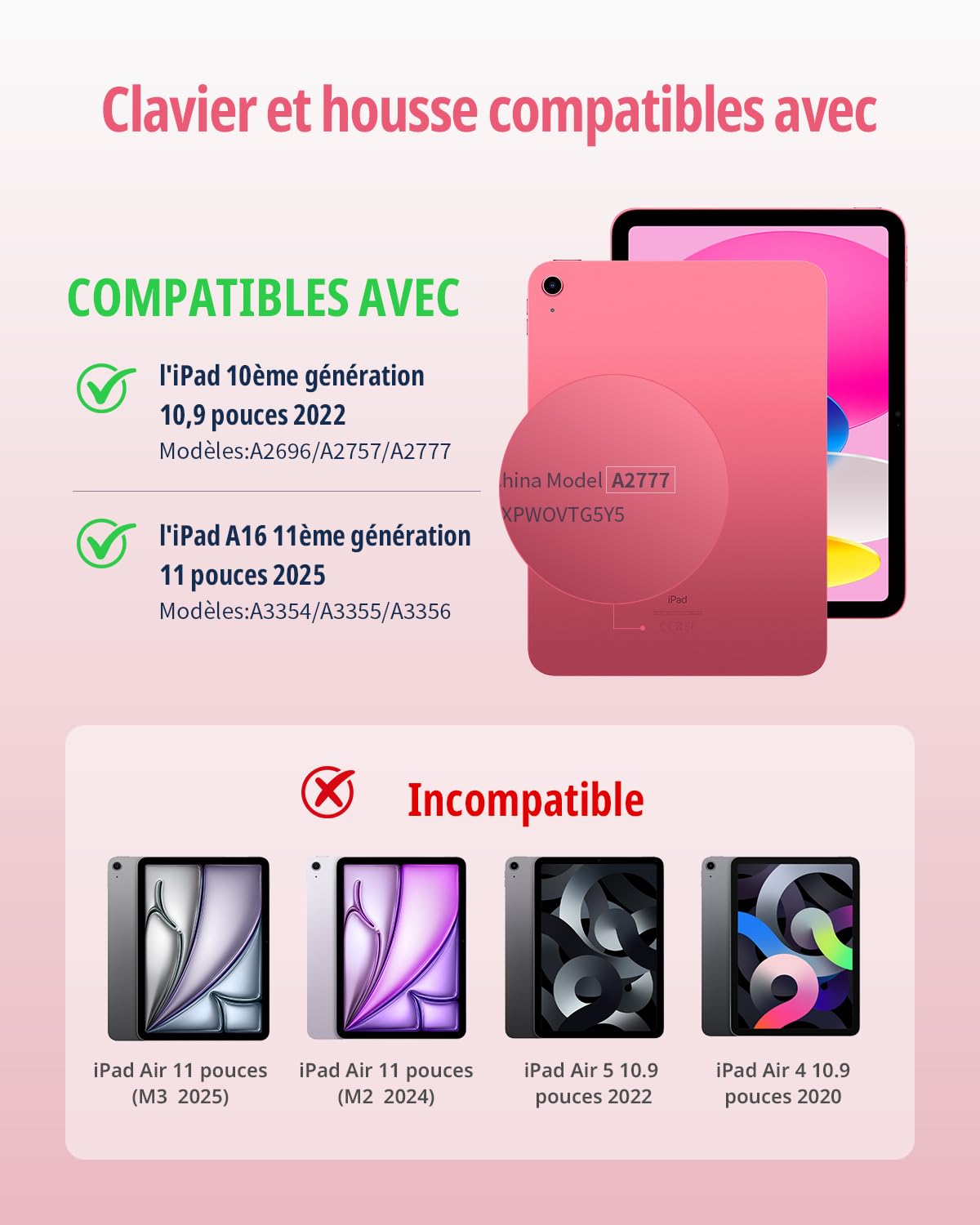 CACOE Étui Clavier Rotatif 360° pour iPad (A16) 11/10 EME Génération (11"/10,9") 2025/2022 avec Pavé Tactile, Rétroéclairage 7 Couleurs, Clavier sans Fil Détachable avec d'assistance, Rose