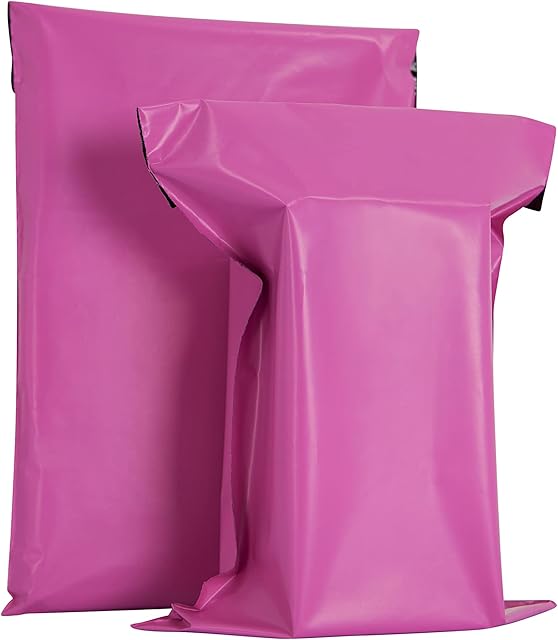 AKAR 10 x 14 Inch Pink Mailing Bags 100 Pack of Strong Polythene Posting Mail Bags with Aluminium Adhesive Strip 55 Microns Easy Seal, Large 25 x 35cm For Non-Fragile Items