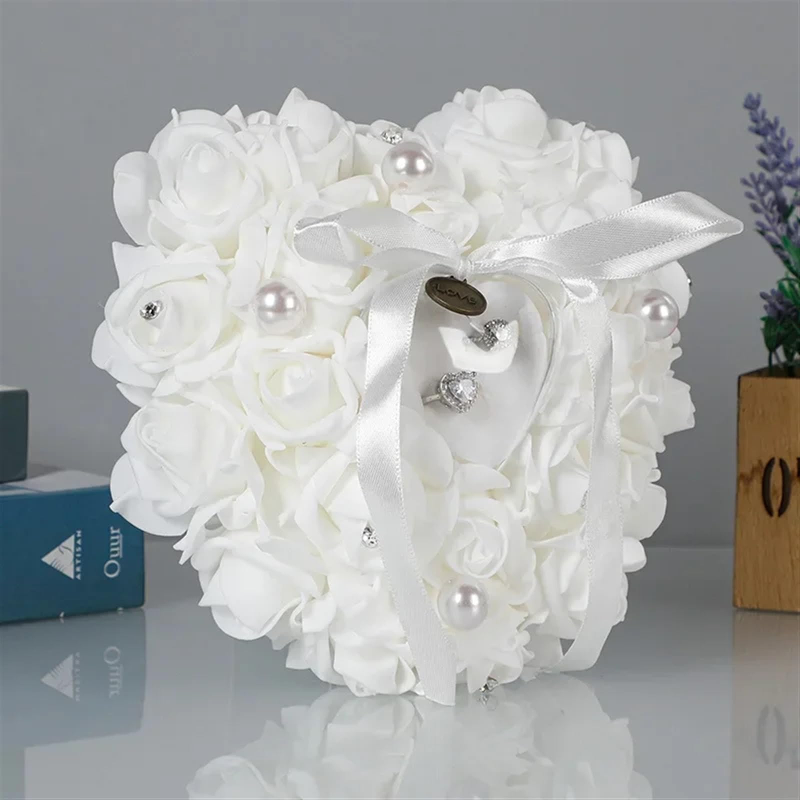 Cuscino for fedi nuziali romantico in raso con cristalli a forma di cuore for fidanzamento, proposta matrimonio, decorazione per cerimonia di matrimonio
