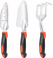 MECHEER Heavy Duty 3-Piece Garden Tools Set: Shovel, Transplant Trowel with Scale & Thick Rake - Rust-Resistant Aluminum, Ergonomic Orange Handles