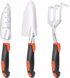 MECHEER Heavy Duty 3-Piece Garden Tools Set: Aluminum Shovel, Transplant Trowel with Scale & Thick Rake - Ergonomic Orange Handles for Digging Planting Weeding