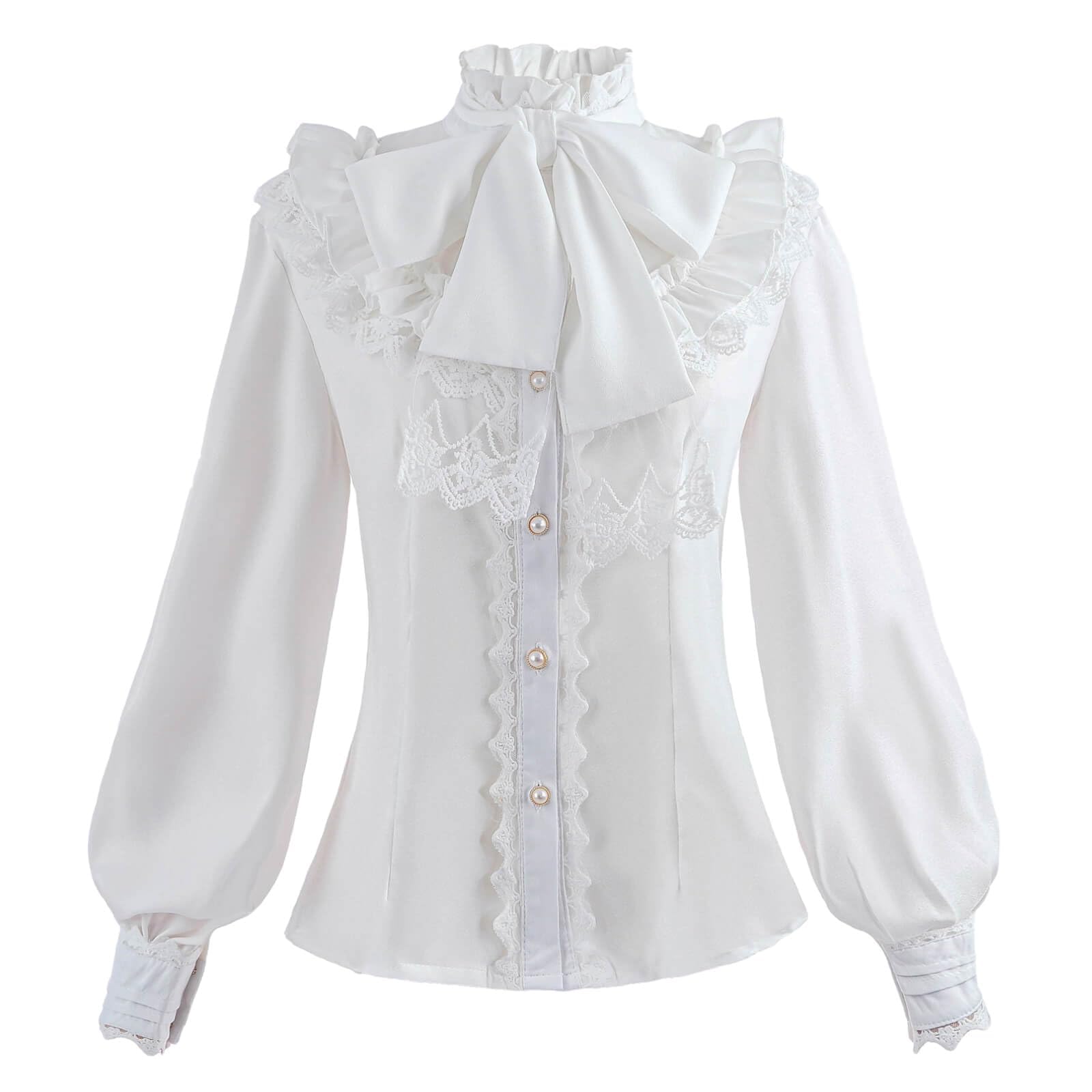 Fiamll Blusa victoriana vintage con lazo, cuello alto con volantes, manga larga