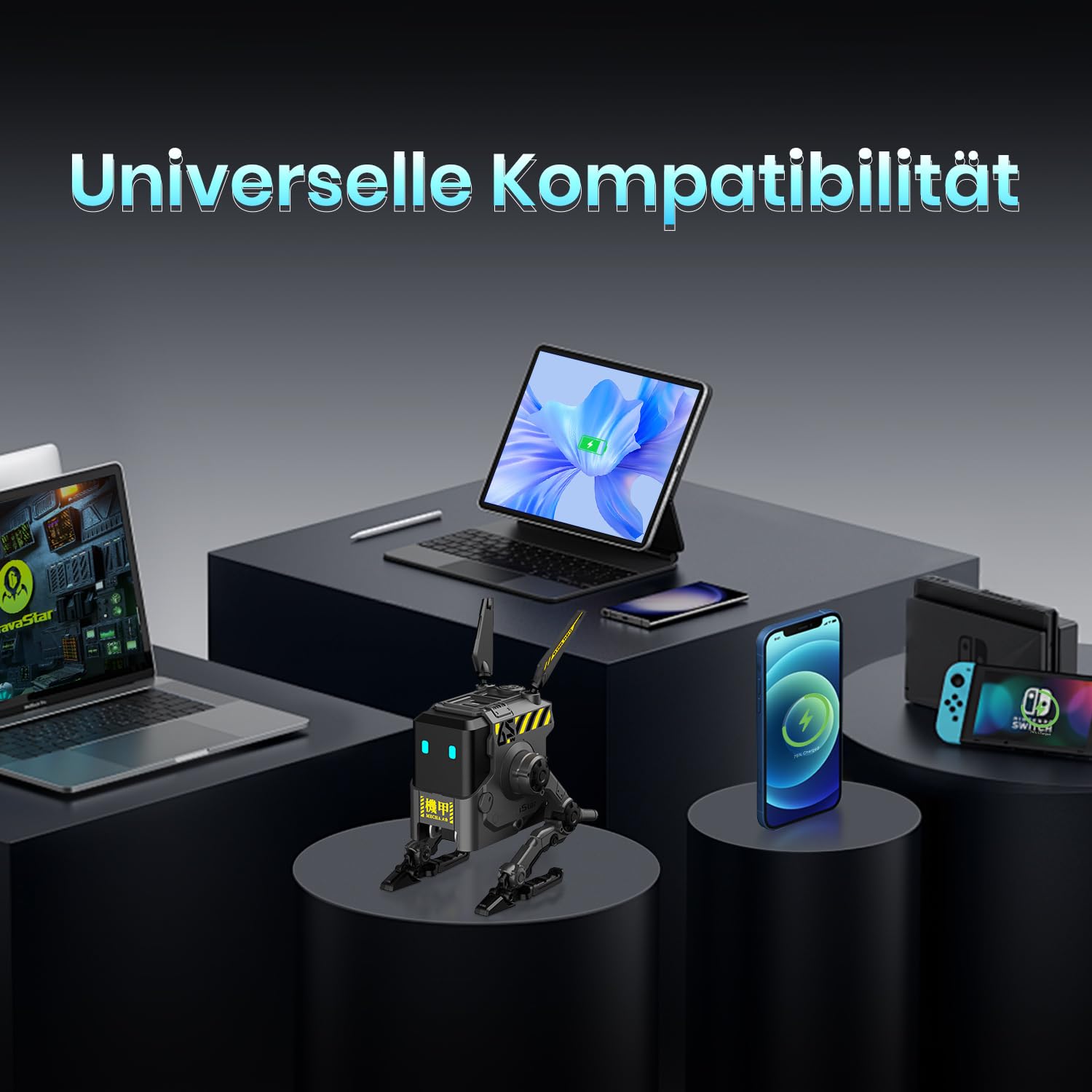 GRAVASTAR 65W GaN Robot USB-C Ladegerät mit 3 Anschlüssen | Futuristischer Roboter-Ladeadapter mit klappbaren Beinen, 2 USB-C- & 1 USB-A-Anschluss für Schnellladen