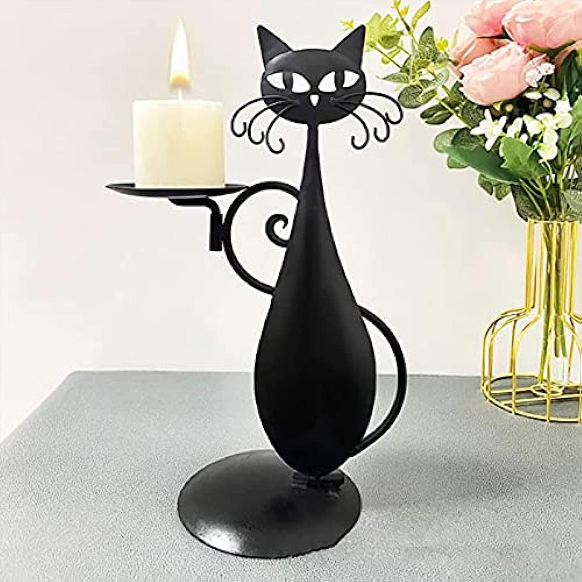 Vintage mat zwart & zilverkleurig metalen kandelaars h30cm - Woonaccessoires | Kandelaars en Kaarsen