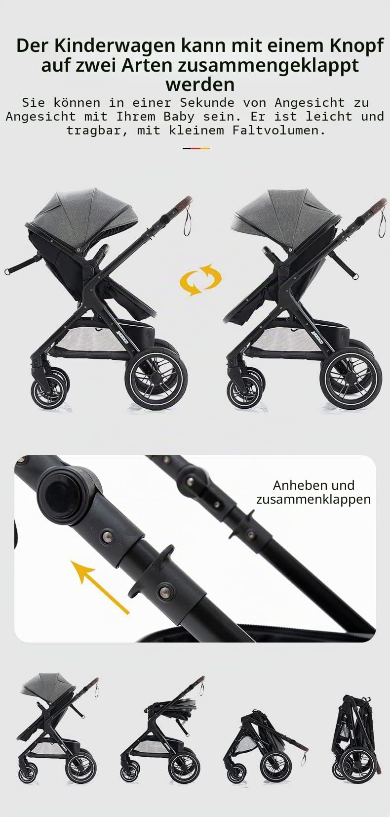 YAZOCO Kompakter 3 in 1Kinderwagen Anstout Terrain Luxus Hohe Landschaft Vierfacher Kinderwagen 0-36kg Faltbarer Gehstock Baby Kinderwagen Komfort Autositz Zubehör (Schwarz)