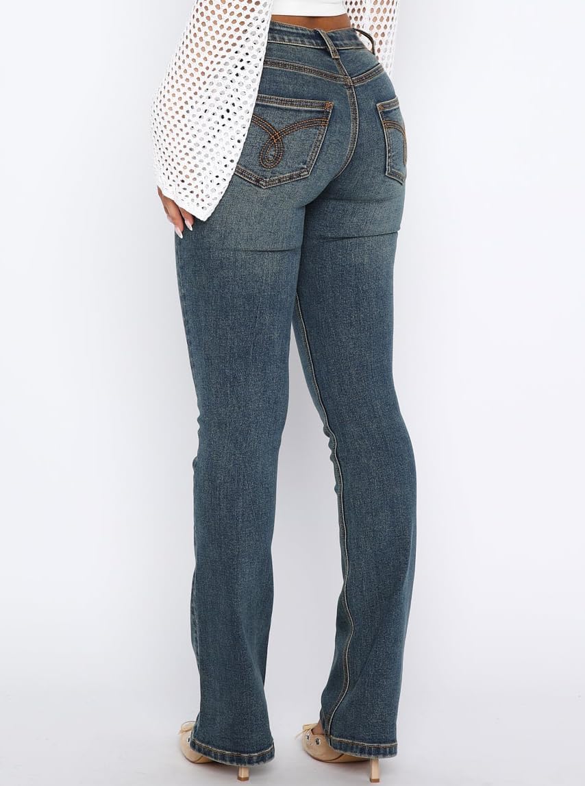Women's Stretch Low Rise Double Button Elastic Skinny Vintage Flare Jeans image 2