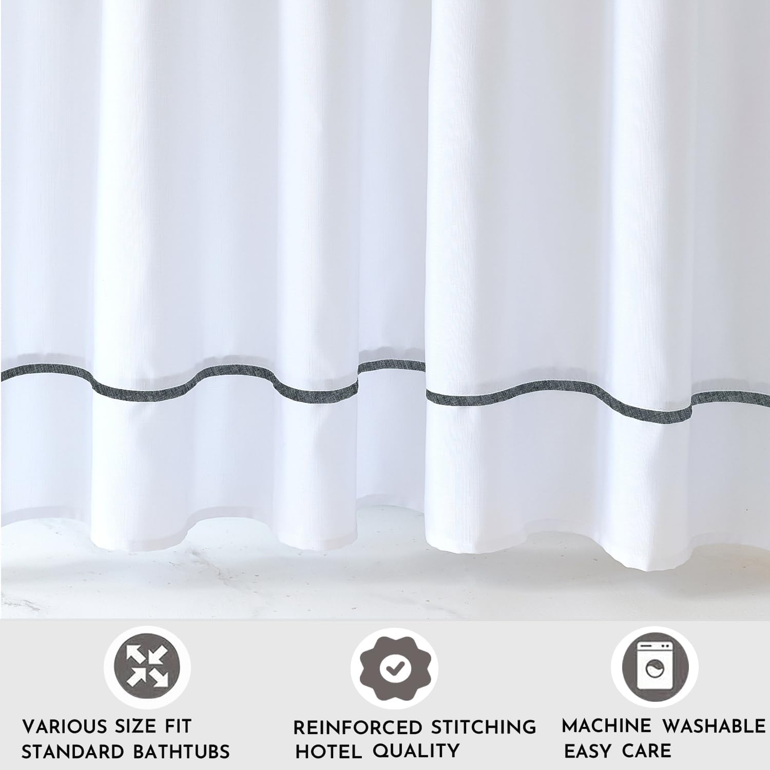 White Shower Curtain with Grey Border, Modern Chic Faux Linen Fabric Shower Curtains for Bathroom and Hotel,72 x 84 Inches