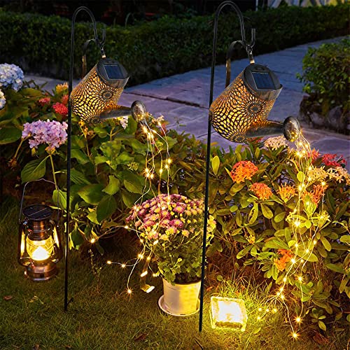 Glintoper 2 Pack Outdoor Solar Watering Can Garden Lights, Metal Waterfall Figurine Lights With Shepherd Hook, Decorative Yard Art For Mom, Mothers Day Ideal Gifts, For Patio Walkway Pathway Lawn #TOP2