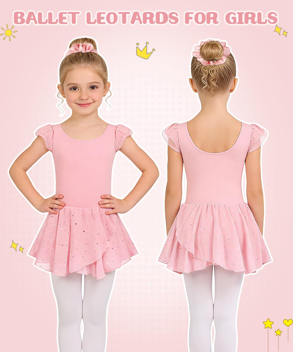 Justaucorps Danse Fille, Ensemble Ballet avec Tutu à Paillettes, Chouchou & Collants Blancs, Tenue Danse Classique Enfant pour Cours de Ballet 4–9 Ans