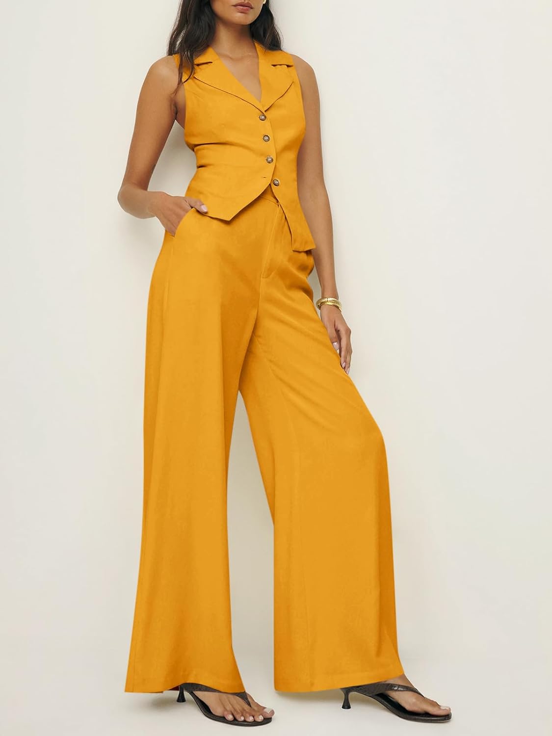 Cicy Bell Womens Vest Sets Summer 2 Piece Outfits Button Crop Blazer Vest and Wide Leg Pant Suits - Image 6