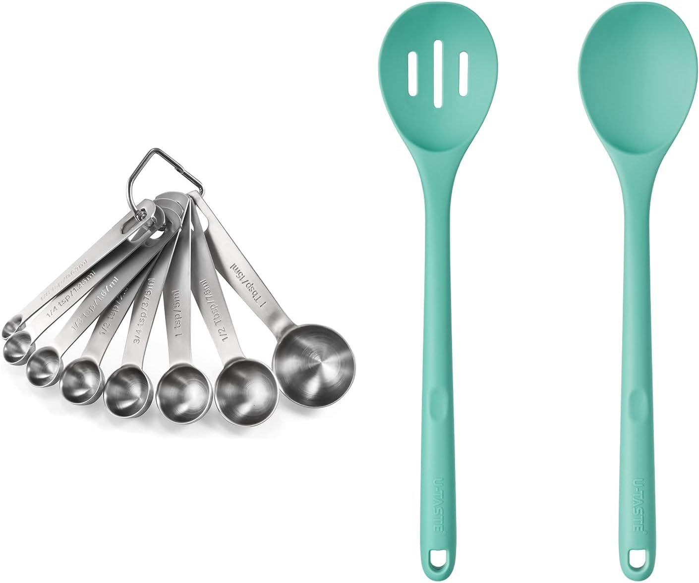 18/8 Stainless Steel Measuring Spoons Set for Dry and Liquid Ingredients (Set of 8), and 600ºF Heat Resistant Silicone Spoons, 13.3in Solid & Slotted Kitchen Mixing Tool (Aqua Sky)