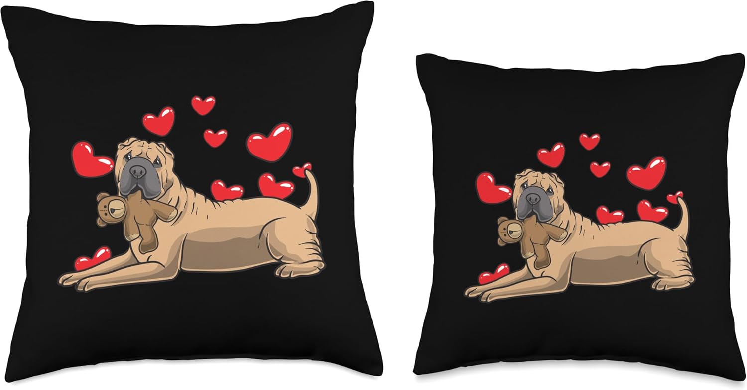 Shar Pei Dog With Stuffed Animal And Hearts Throw Pillow