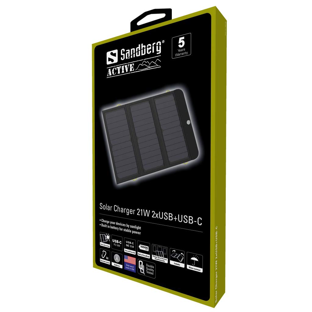 Sandberg Ładowarka solarna 21 W 2 x USB-C + USB C, ładowarka solarna z wbudowanym powerbankiem, wodoodporna, szybkie ładowanie, USB-C QI 3.0, 10000 mAh, składane panele słoneczne, do wędrówek, na