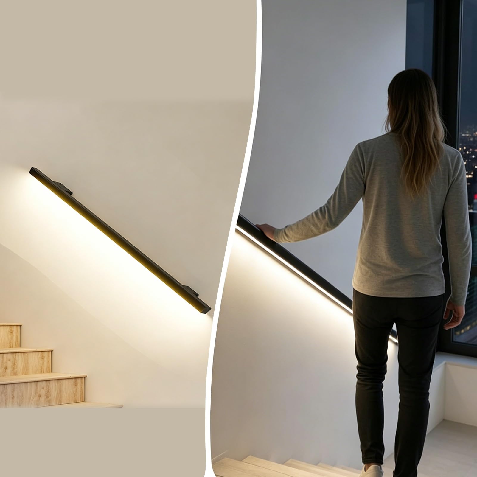 LED Warm Lighting Handrail for Indoor Stairs, Motion Sensor Staircase Hand Rails with Corner Connector, Ambient Luminous Stair Support Grab Bar(Right Bottom,14.8ft/4.5m)