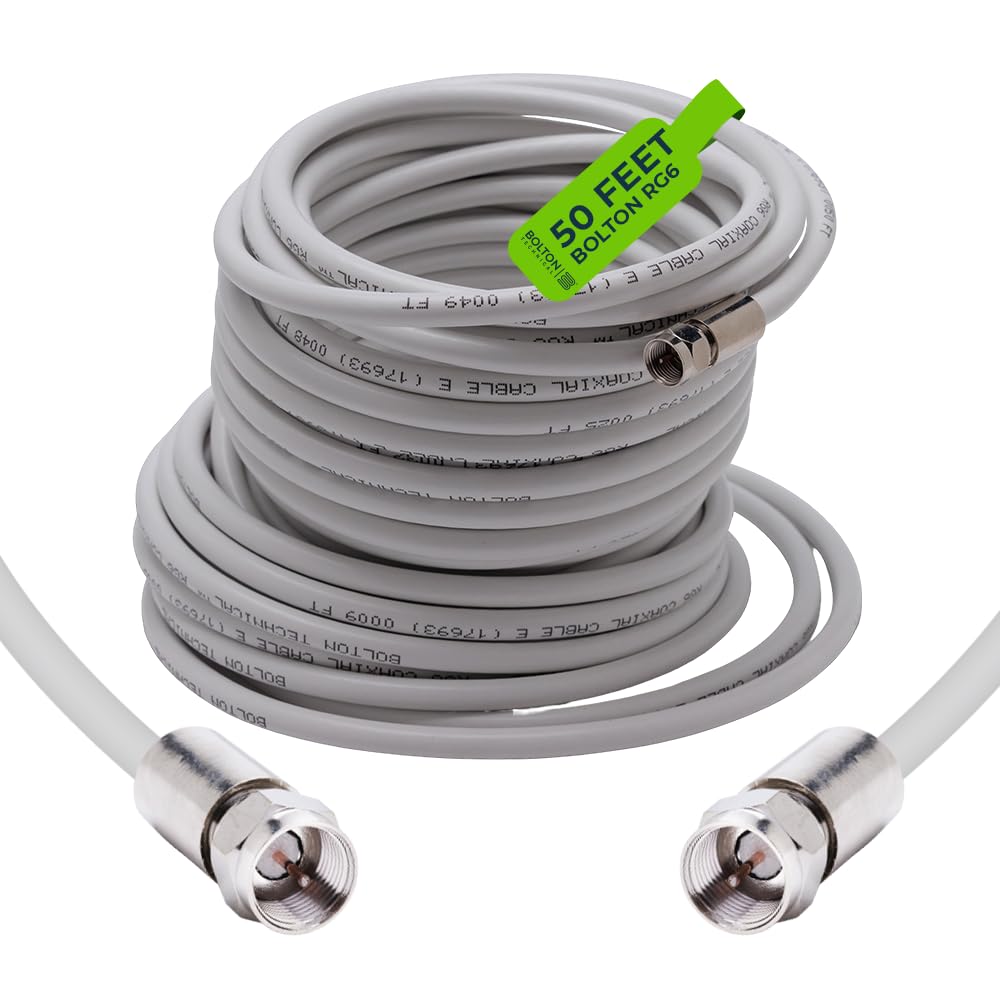 Bolton Technical 50 Ft RG6 PVC White Coax Cable, 75 Ohm, F Male to FMale Cable for TV, Cable Box Signal Booster, Satellite Systems, RF, Antenna Connection & Internet Modem
