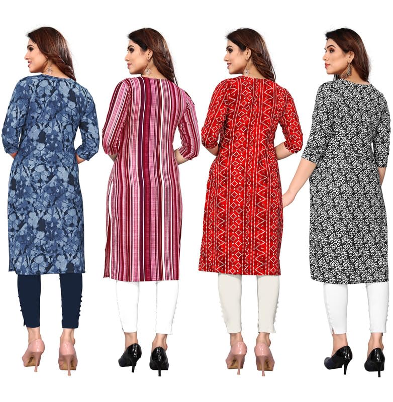 Image of JAKHANA Women's Crepe Printed Casual Straight Calf Length Round Nick Kurta Pack of 4