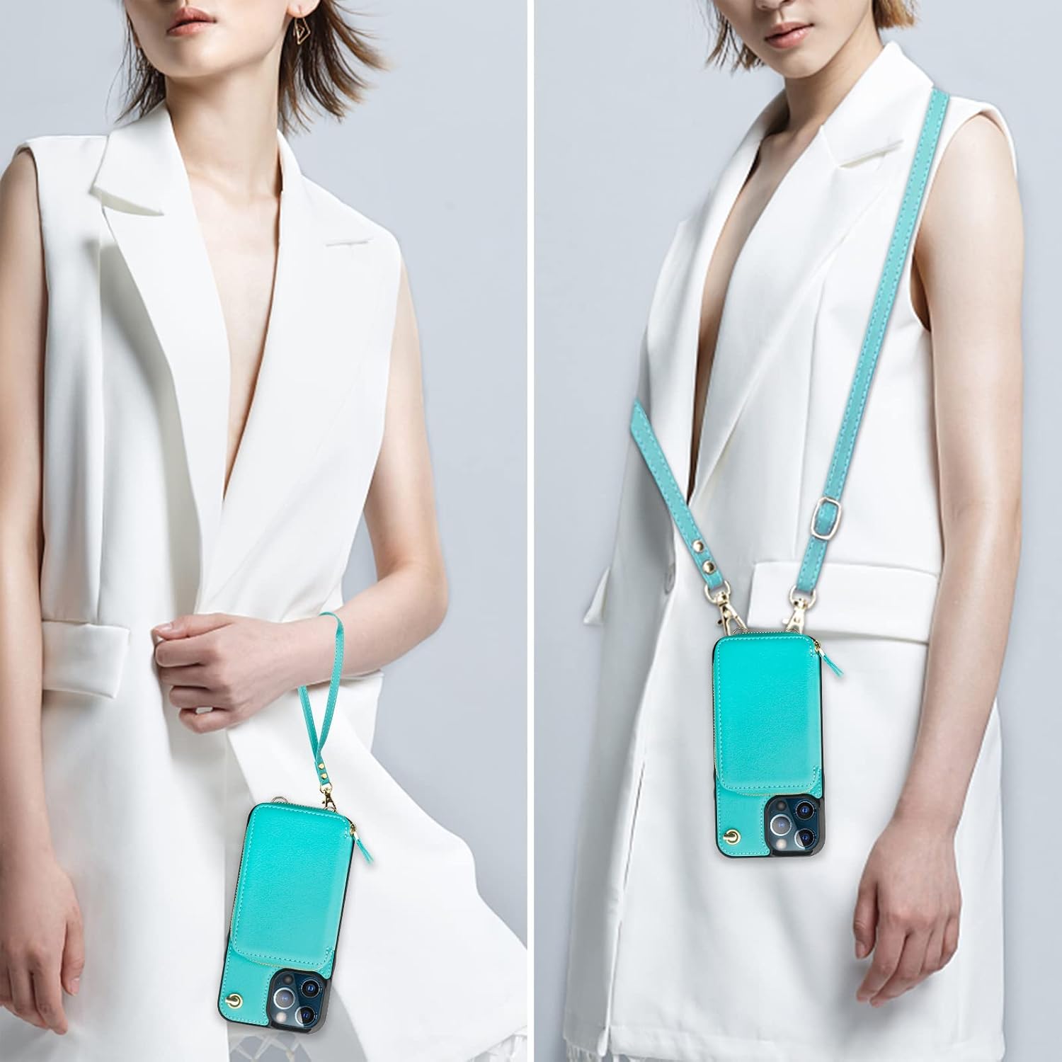 Bocasal Crossbody Wallet Case for iPhone 13 Pro Max, RFID Blocking Leather Purse Case with Card Holder, Protective Handbag Flip Cover with Zipper Wrist Strap Lanyard for Women 5G 6.7 Inch (Mint Green)