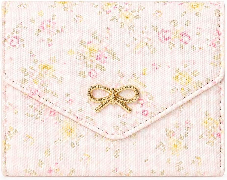 Small Zipper Wallet Floral Coquette Bow Wallet Cute Wallet ID 5 Credit Card Slots for Women Girls (PINK)