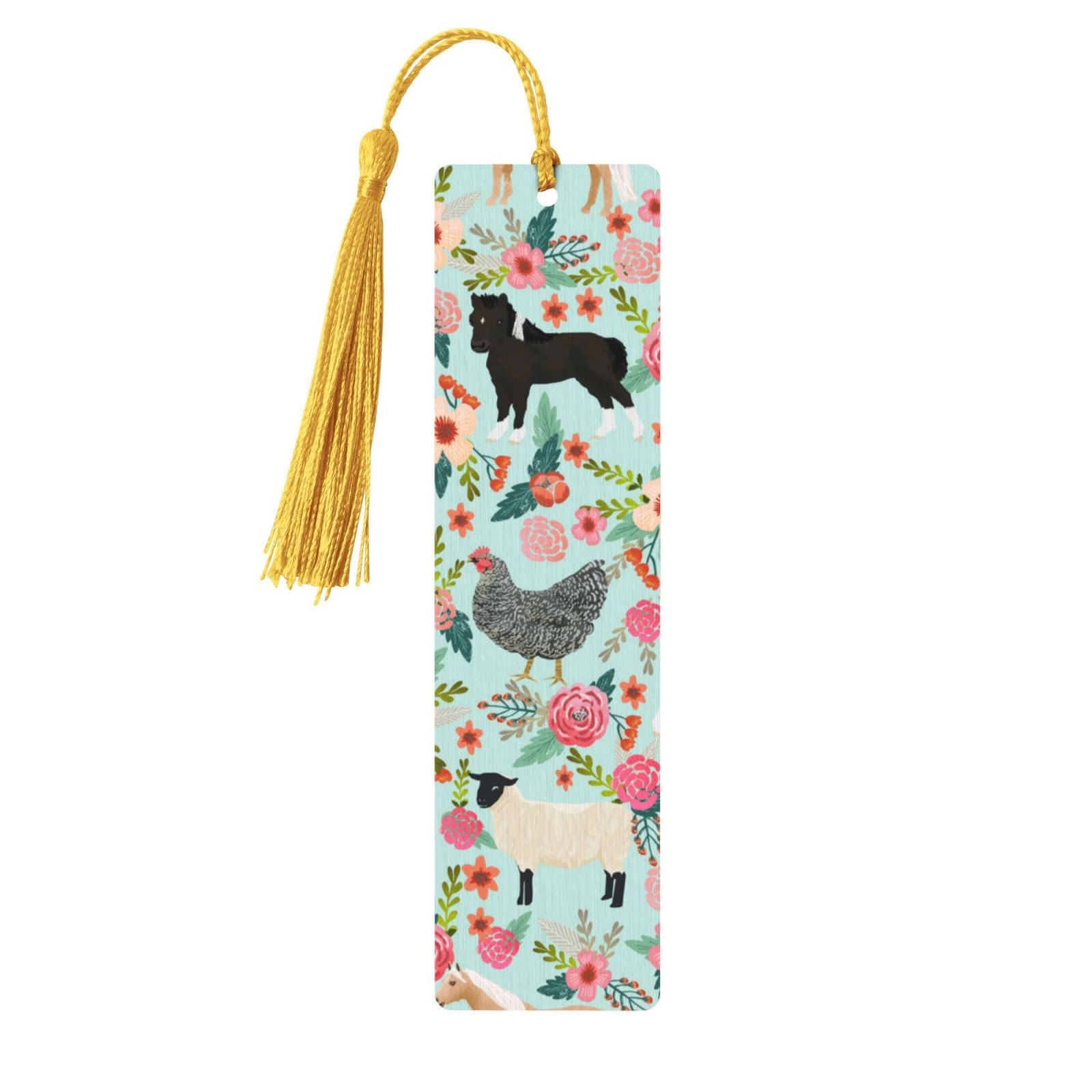 Jbyjbx Juego de marcapáginas de madera con estampado de animales de granja, impresión completa de doble cara, borlas coloridas, decoración de fiestas de cumpleaños
