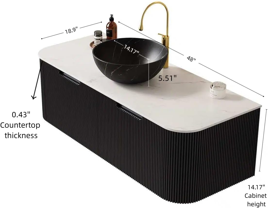 OVENTA 48" Floating Bathroom Vanity with Sink and Countertop Combo, Black Fluted Wall Mounted Cabinet, Pre-Assembled Storage with Marble Sinks, Single Sink Bathroom Vanity, Lavamanos de Baño Modernos