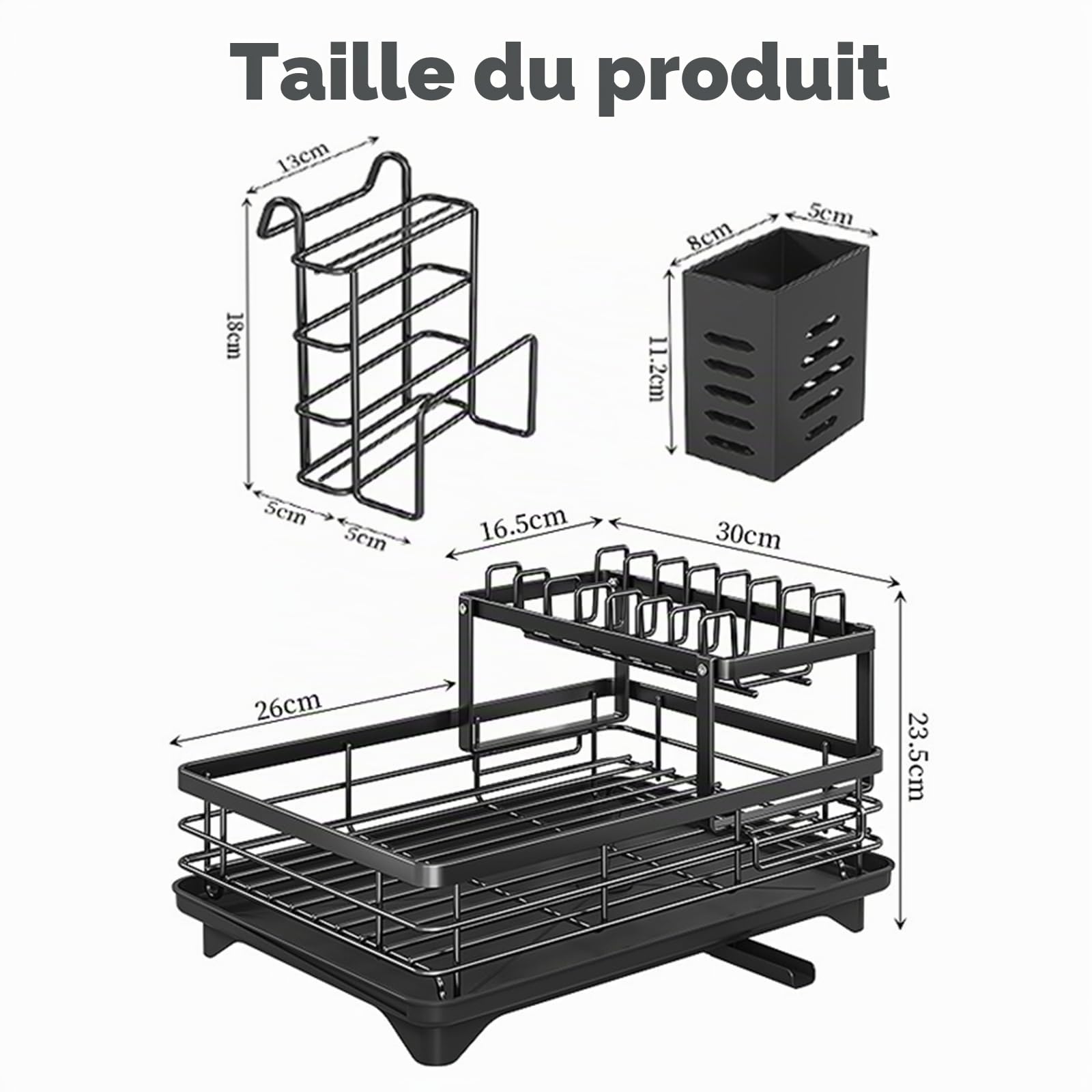 Égouttoir à Vaisselle avec Tasse de Rangement et Sortie d'évacuation, Peu encombrant et idéal pour Une Utilisation dans la Cuisine. (Noir, 2 Niveaux)