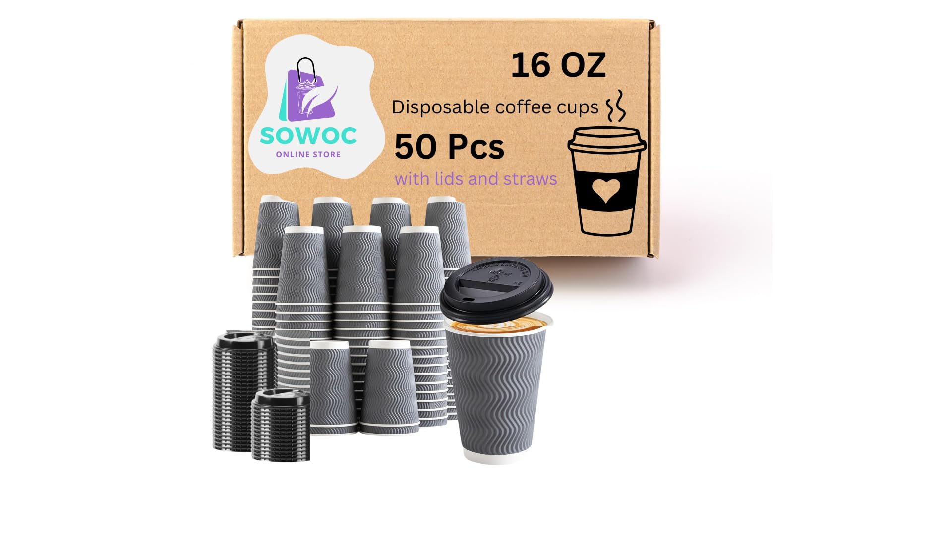 Sowoc 50 Pack - 16 oz Insulated Disposable Coffee Cups with Lids and ...