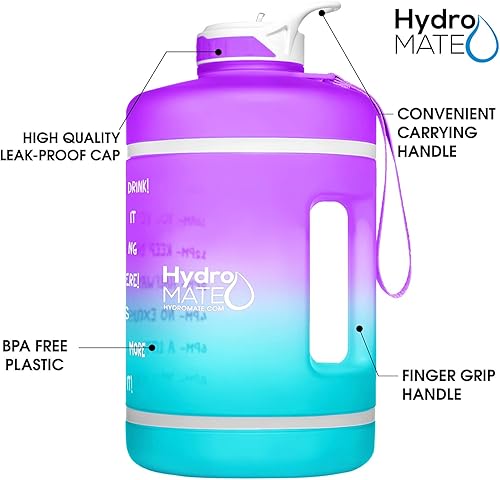 Miniatura 4 de HydroMATE Botella de agua de 1 galón con mensaje motivacional y marcador de tiempo con popote y asa grande, reutilizable, sin BPA, a prueba de