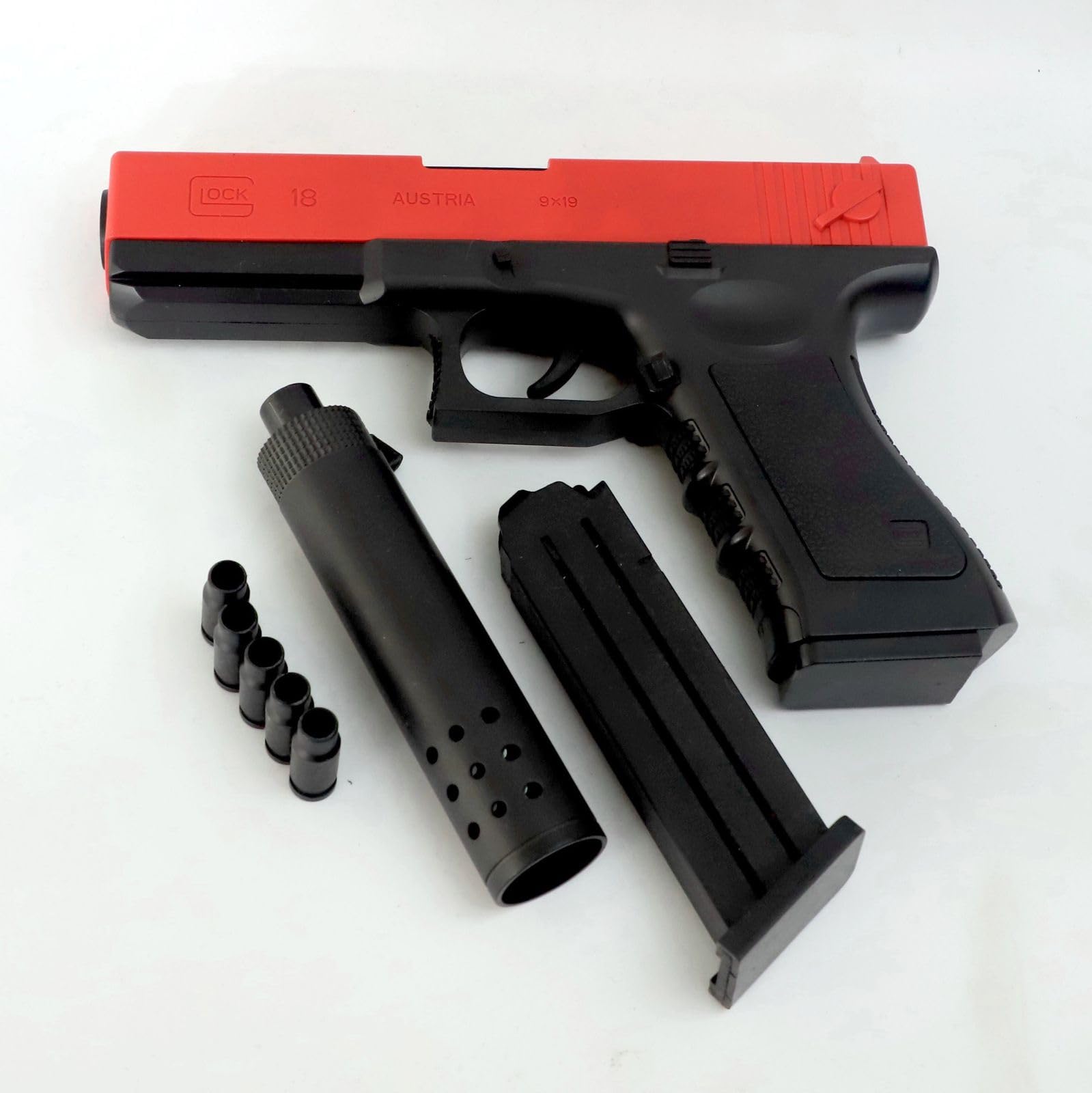 Toy Pistol Model with Magazine Loading Action,Shooting & Police, Army, Action Role Play Gun, Jump Ejecting & Soft Bullets for Kids Indoor & Outdoor Gaming Gun, 12 Years+ Children (Red & Black) 1